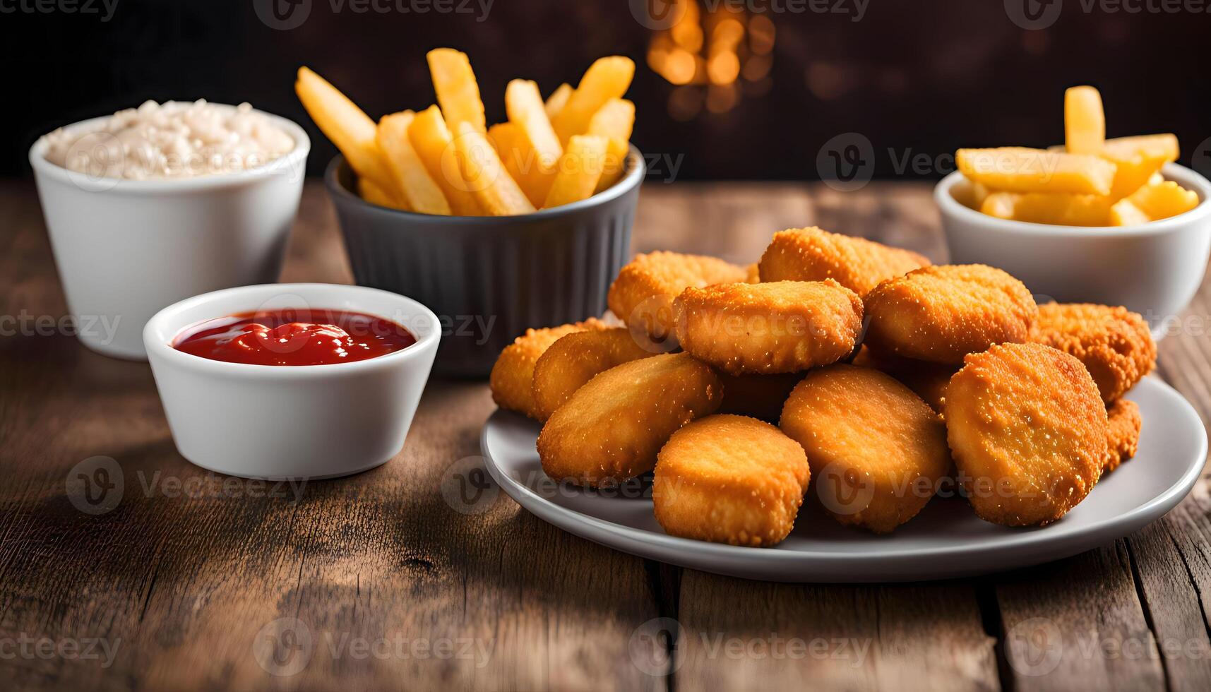 Chicken Nuggets, French Fries and Dipping Sauces photo