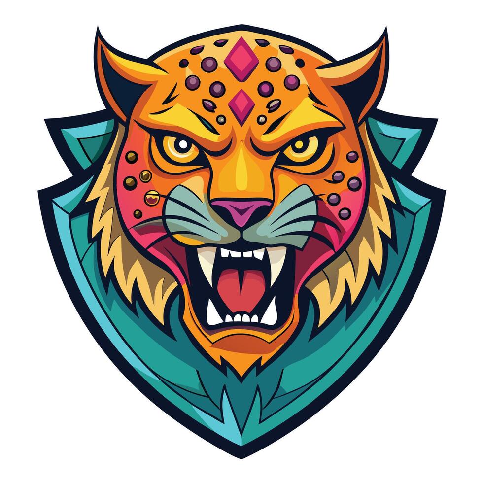 the head of a jaguar is shown in a colorful shield vector