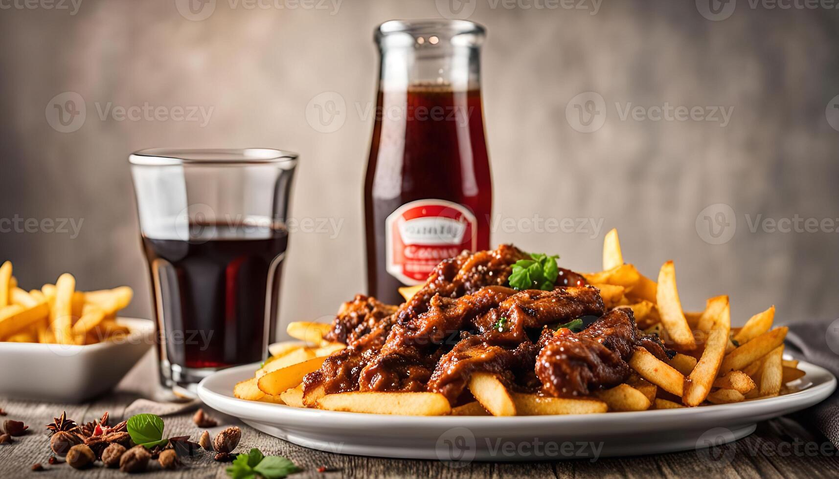 Close-up of a Delicious Plate of French Fries and Meat with a Glass of Cola photo
