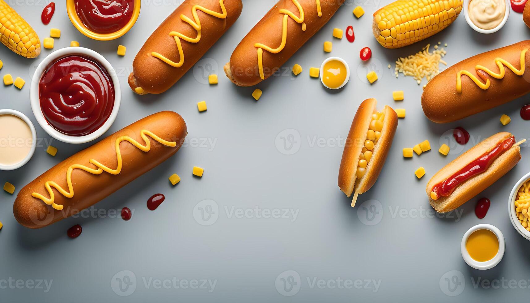 Hot Dogs, Corn, and Sauces photo