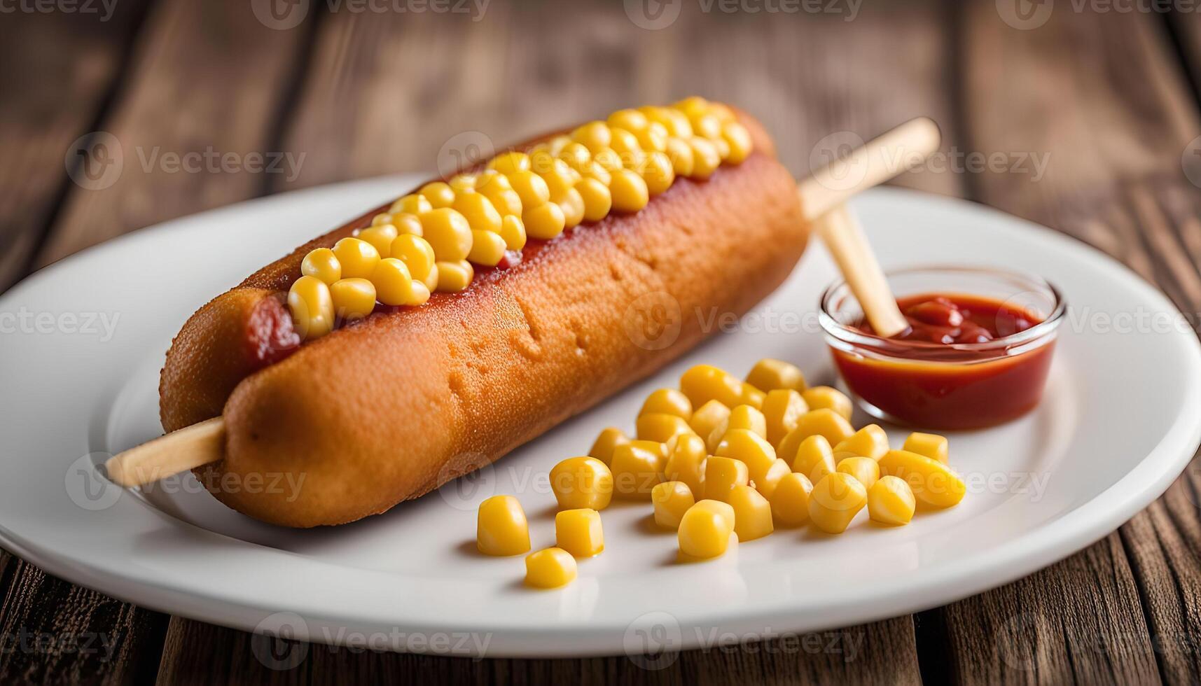 Delicious Corn Dog with Ketchup and Corn Kernels photo