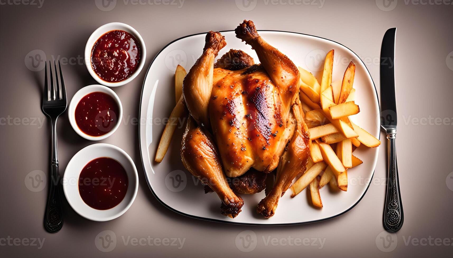 Roasted Chicken Dinner with French Fries and Dipping Sauces photo