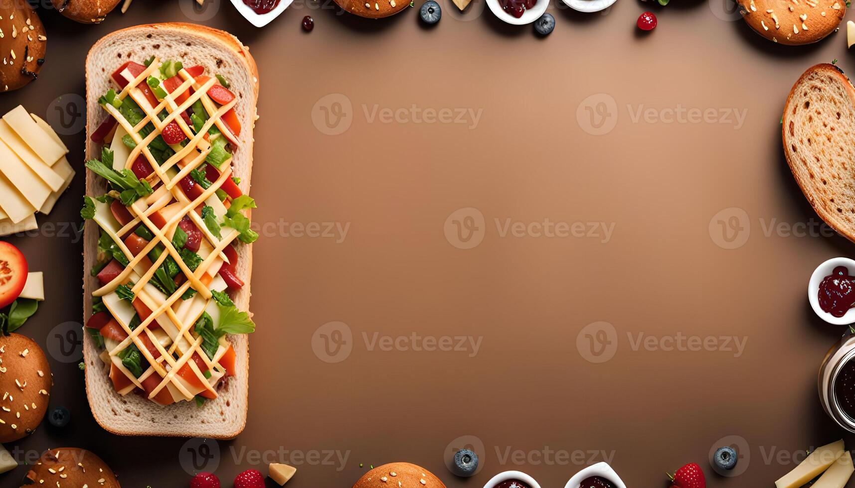 Sandwich With Toppings And Side Dishes photo