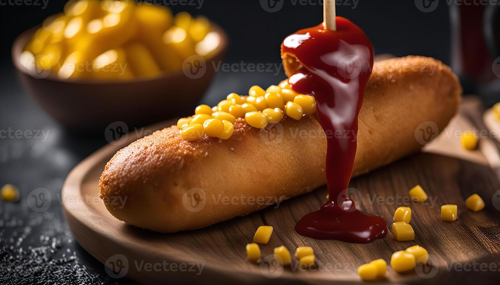 Corn Dog with Ketchup and Corn Kernels on a Wooden Plate photo