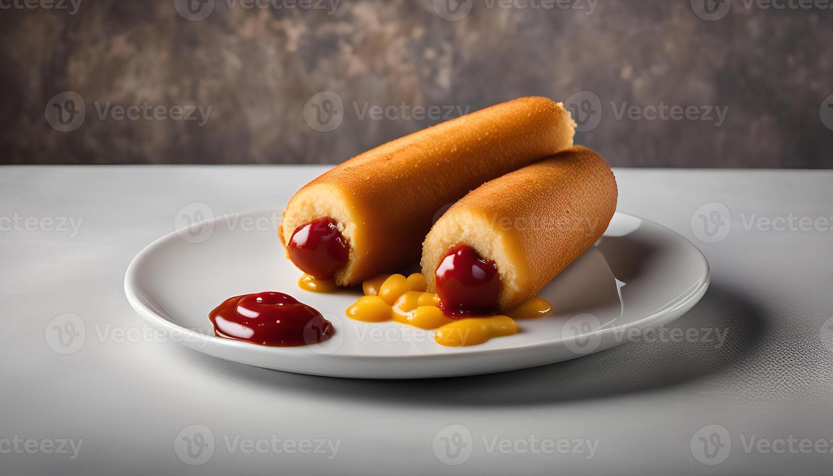Two Corn Dogs on a Plate with Mustard and Ketchup photo