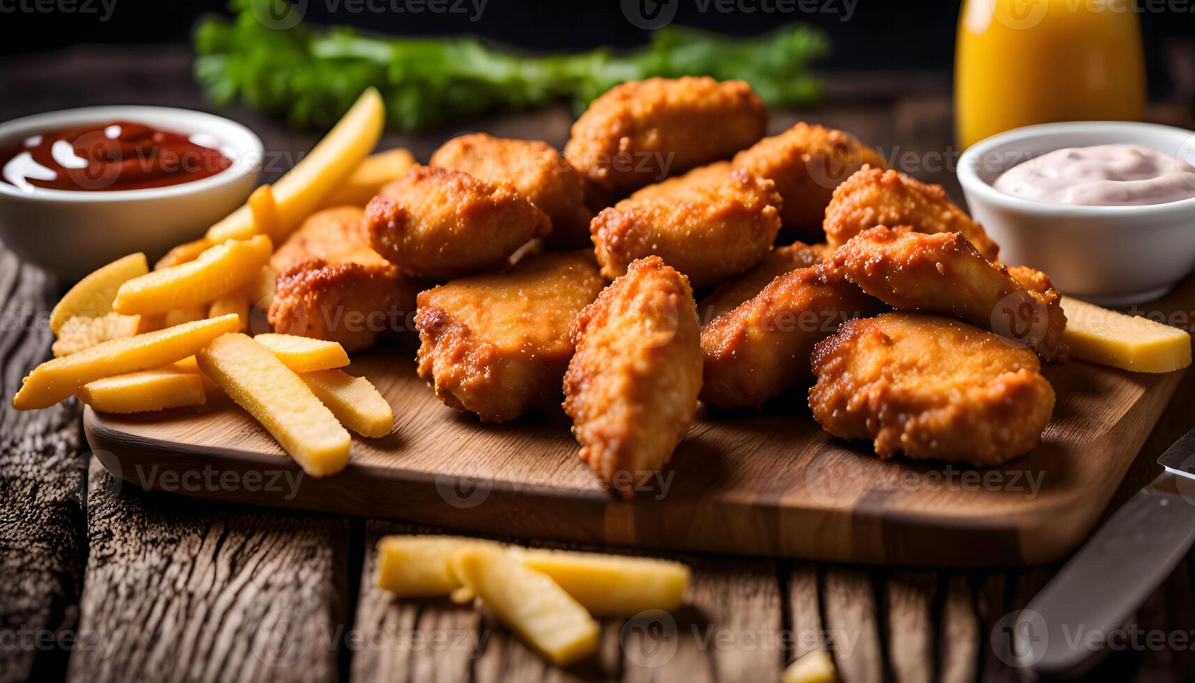 Chicken Nuggets and Fries on a Wooden Board photo