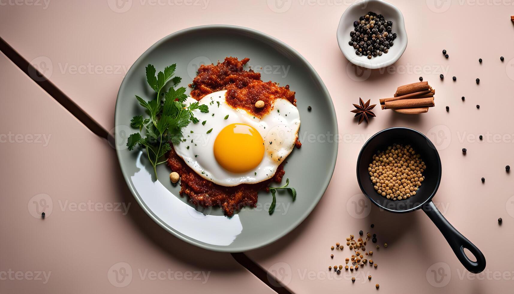 Fried Egg with Parsley on a Plate with Spices photo