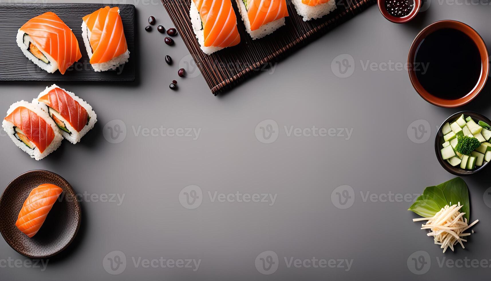 Sushi Rolls on Gray Background with Garnish and Dipping Sauce photo