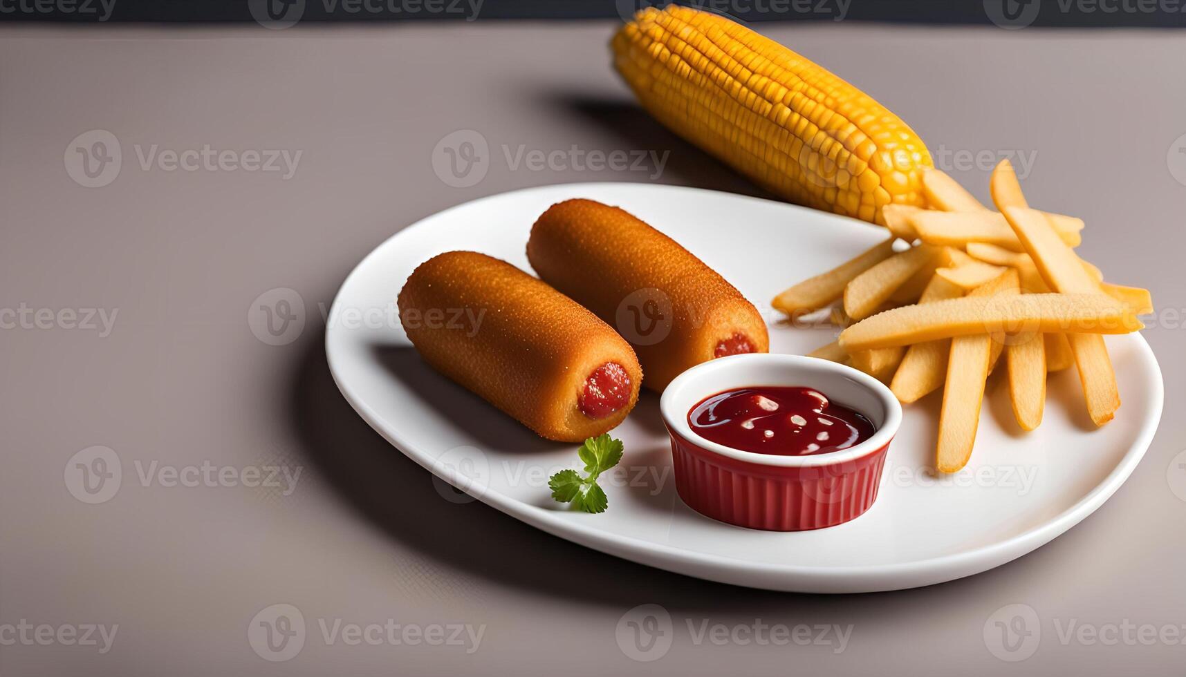 Delicious Corn Dogs, French Fries, and Ketchup photo