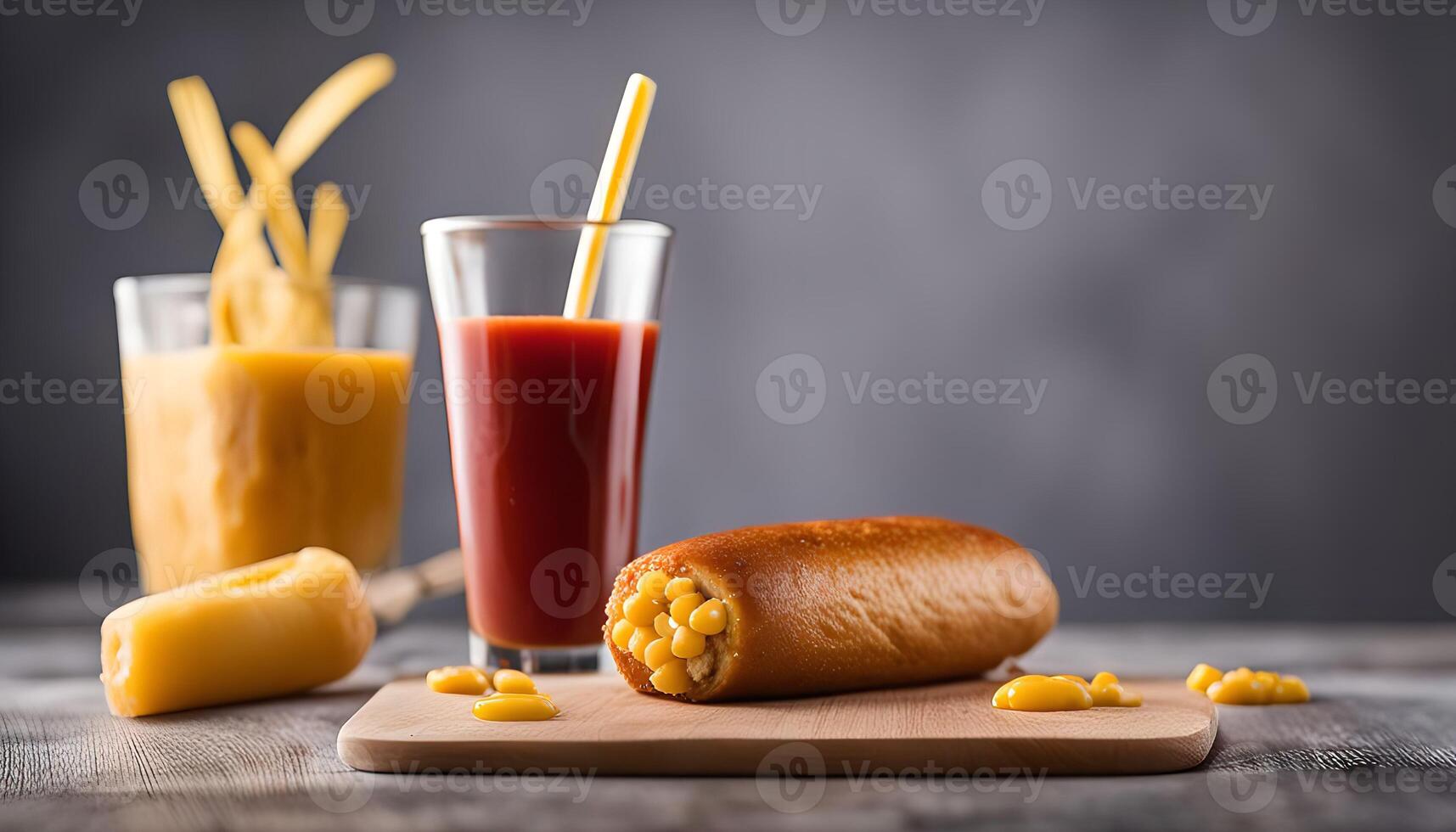 A Delicious Corn Dog with Tomato Juice photo
