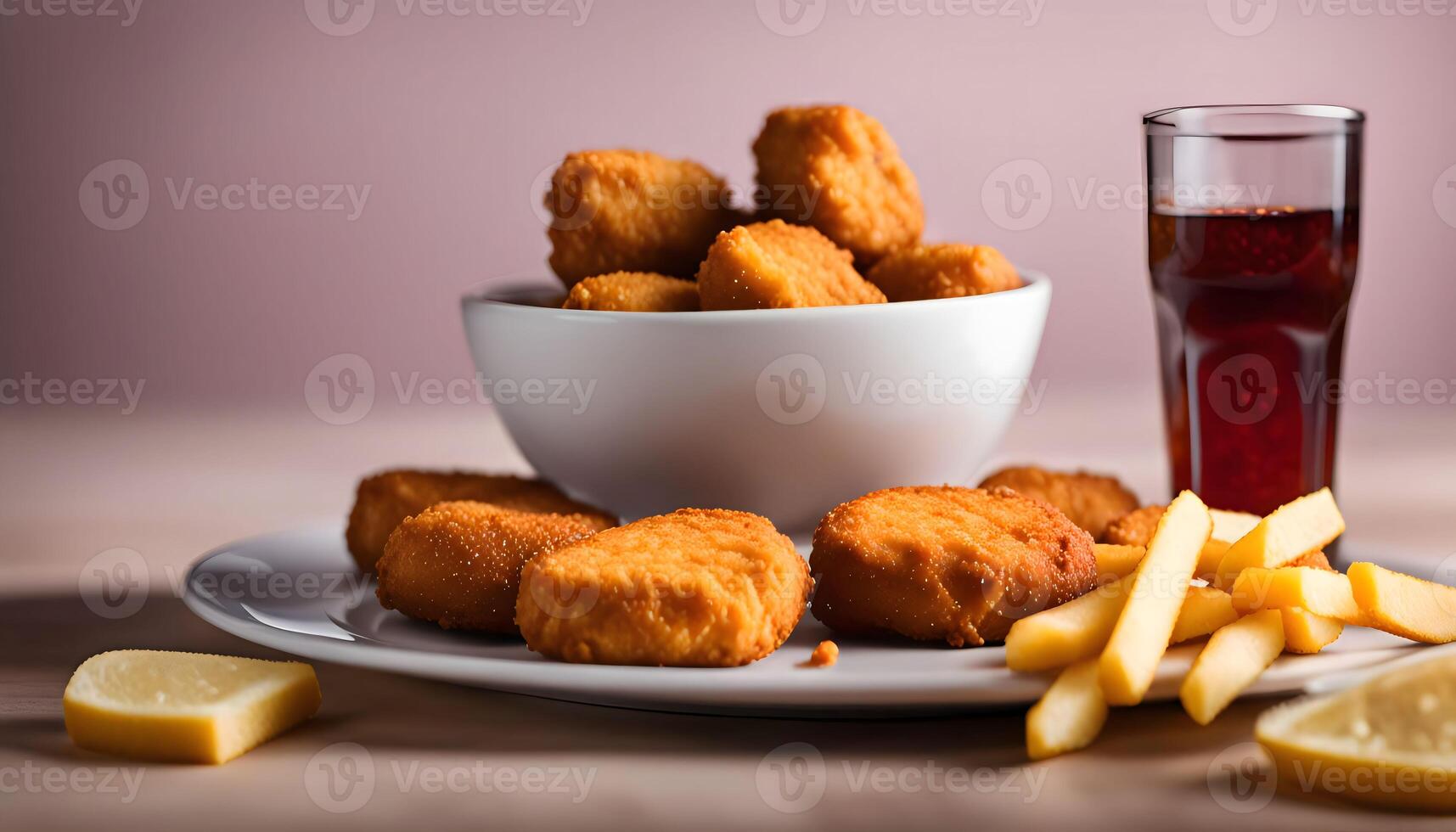Crispy Chicken Nuggets with French Fries and a Glass of Soda photo