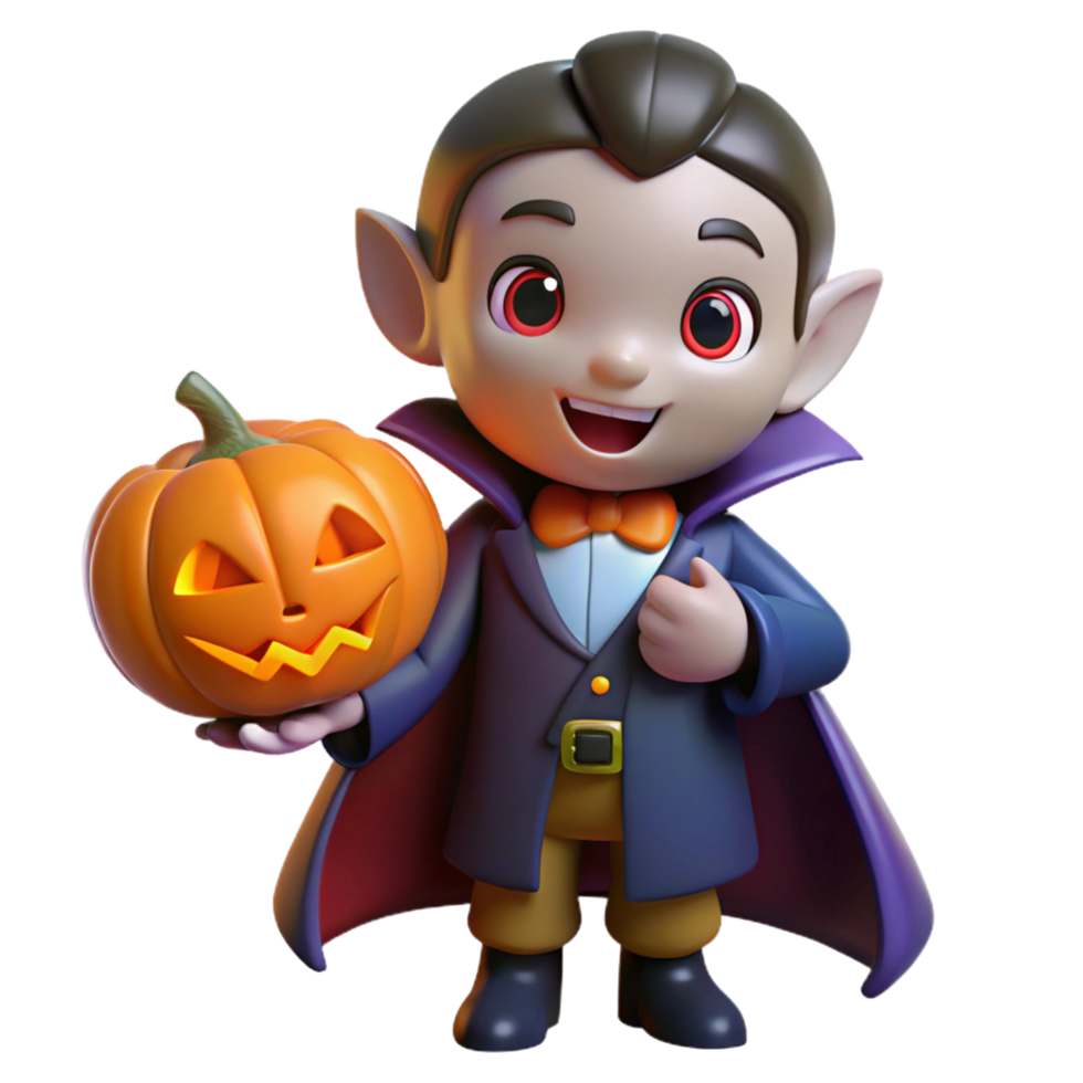 Adorable 3D Render of a Little Vampire Holding a Jack-o'-Lantern for Halloween png