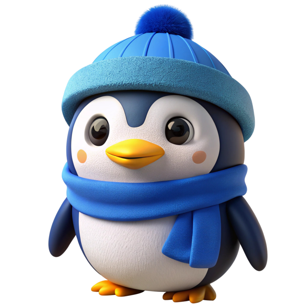Adorable 3D Cartoon Penguin Wearing Blue Winter Hat and Scarf png
