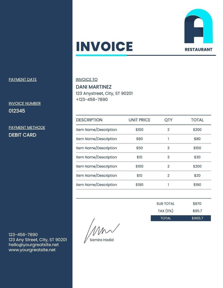 Blue White Simple Restaurant Invoice template
