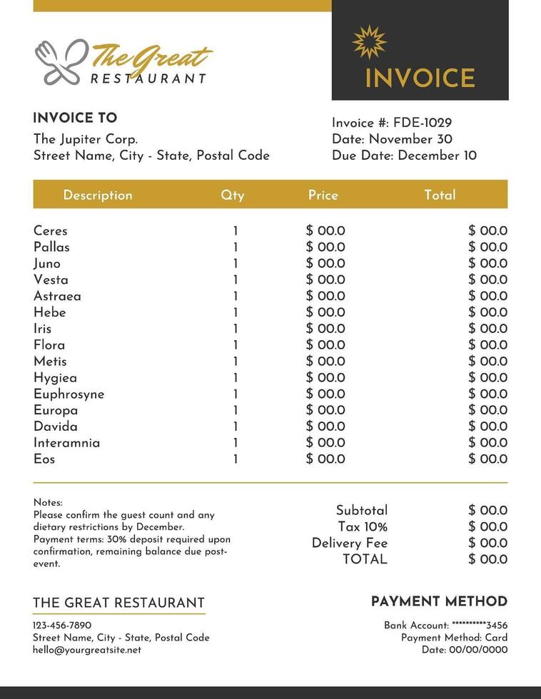 Fine Dining Restaurant Invoice template