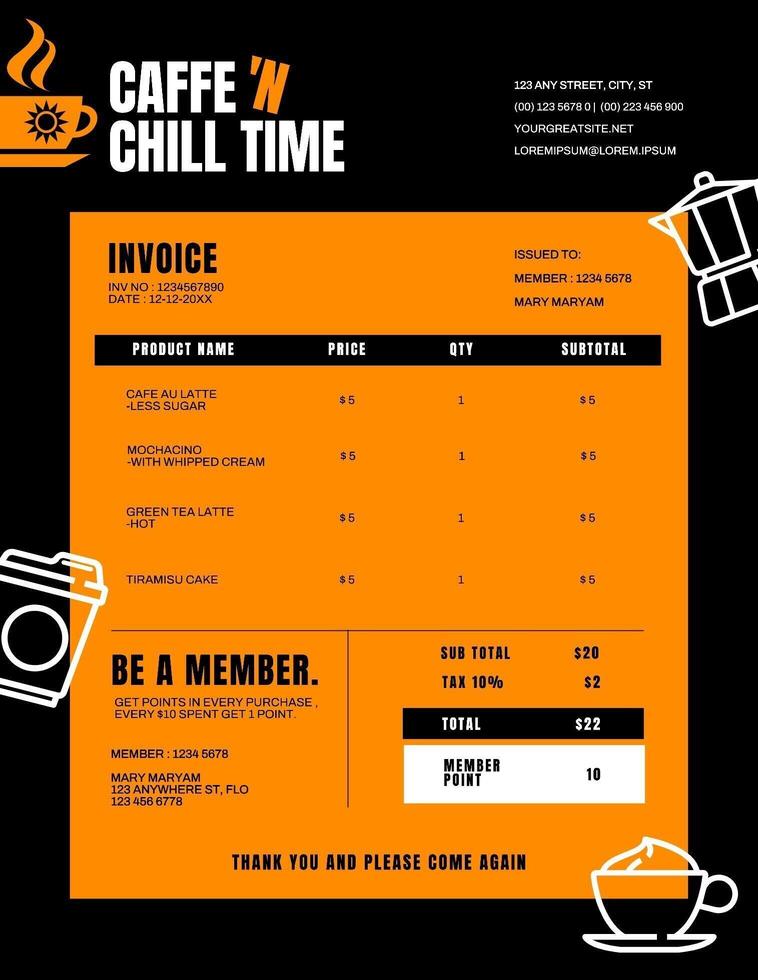 Dine In Cafe Member Invoice Template Black and Orange