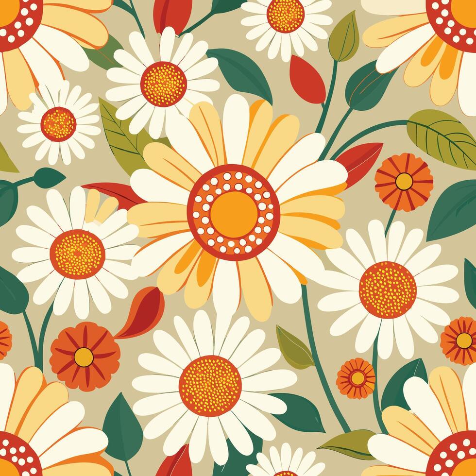 floral pattern with daisies and leaves vector