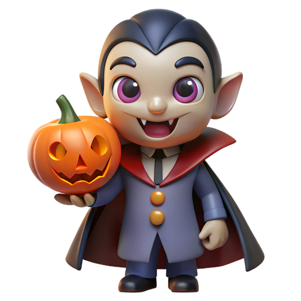 Adorable 3D Cartoon Vampire Holding Jack o lantern for Halloween png