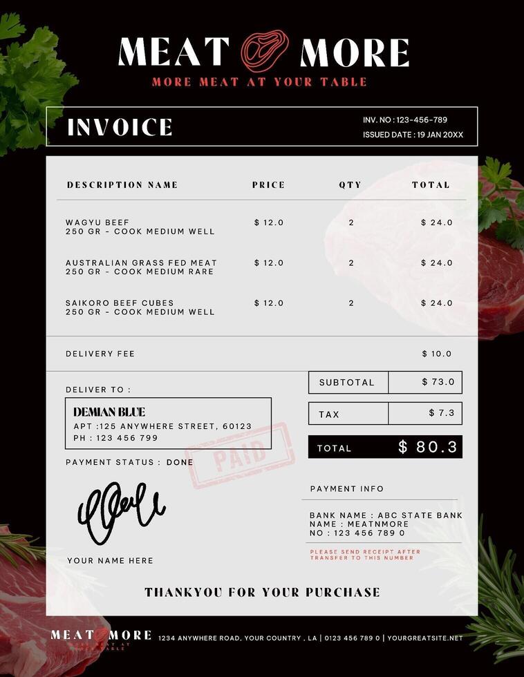 Delivery Order Meat Restaurant Invoice Template Black Minimalist
