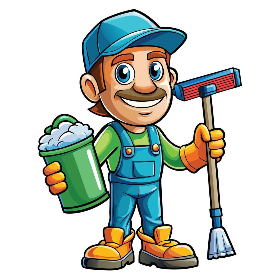 a cartoon man with a broom and bucket vector