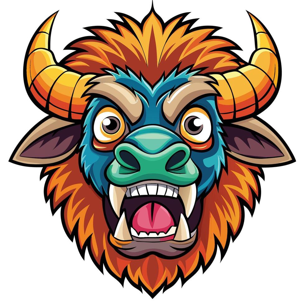 an angry buffalo head with horns and big teeth vector