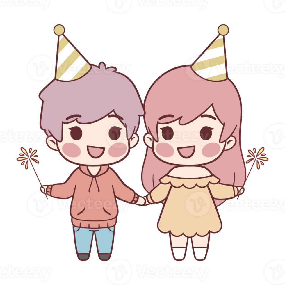 Cute little boy and girl holding hands and playing fireworks. Cartoon illustration of a birthday or new year party, perfect for stickers, greeting cards, promotions, etc. png