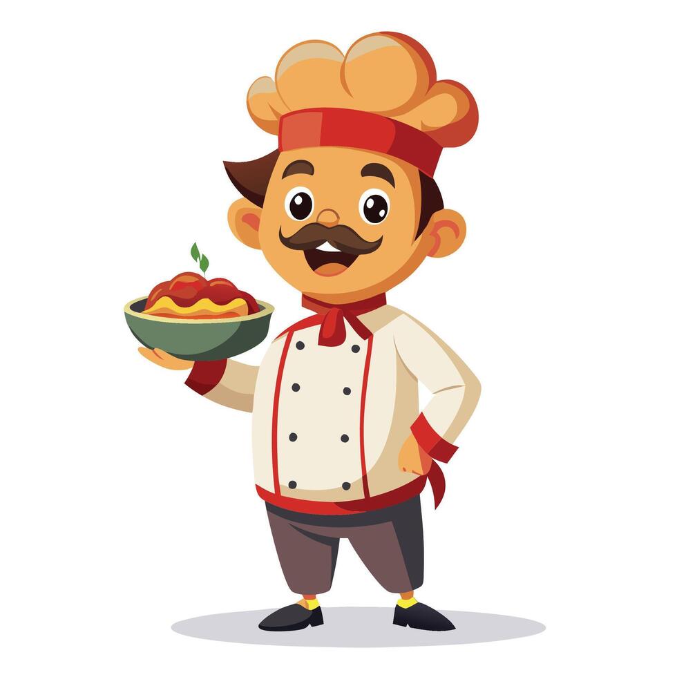 chef holding a bowl of pasta with sauce vector