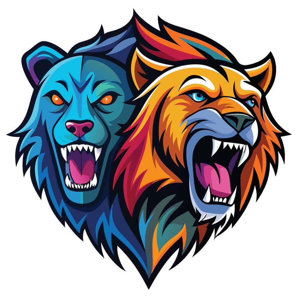 two lion heads with open mouths vector