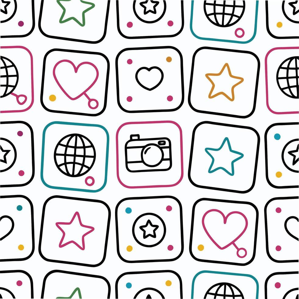 a seamless pattern with a camera, globe, and other symbols vector