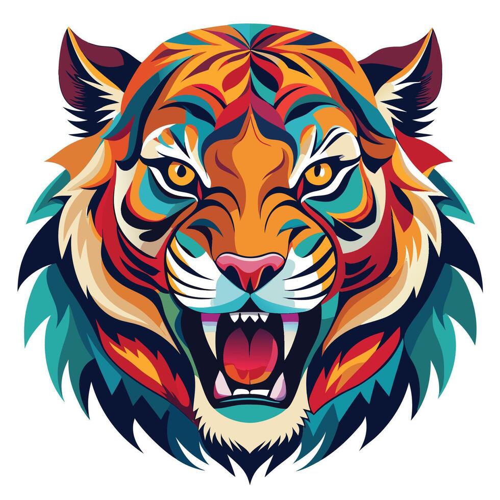 a colorful tiger head with its mouth open vector