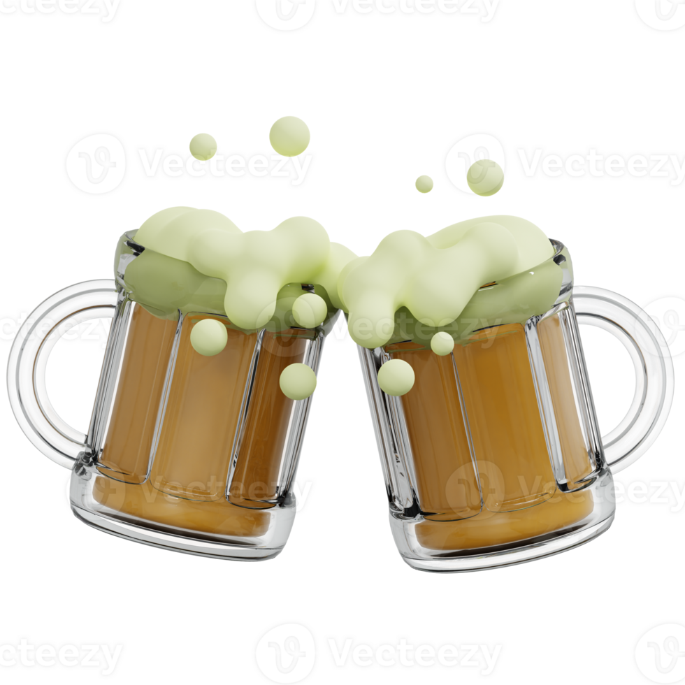 3D illustration of two beer mugs clinking together isolated on transparent background png