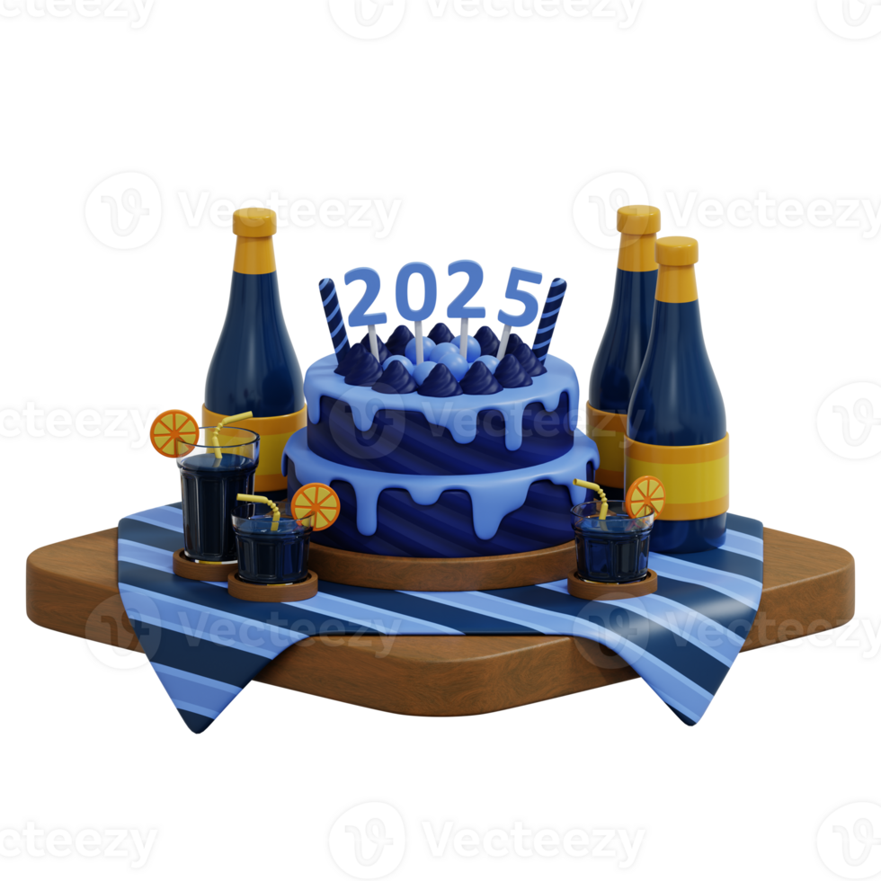 3d table set for new year party with food and some drinks isolated on transparent bakcground png