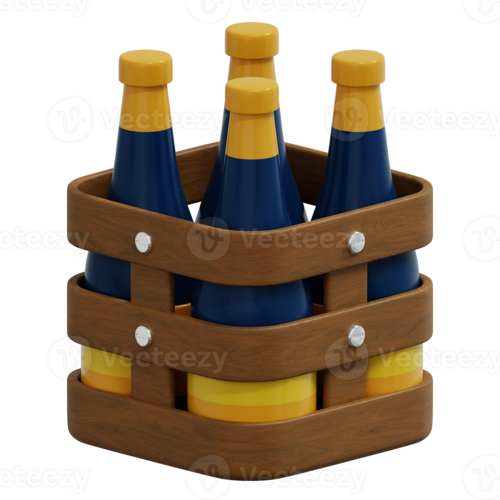 3d illustration of four blue champagne whit yellow caps in a wooden basket. Isolated on transparent background png