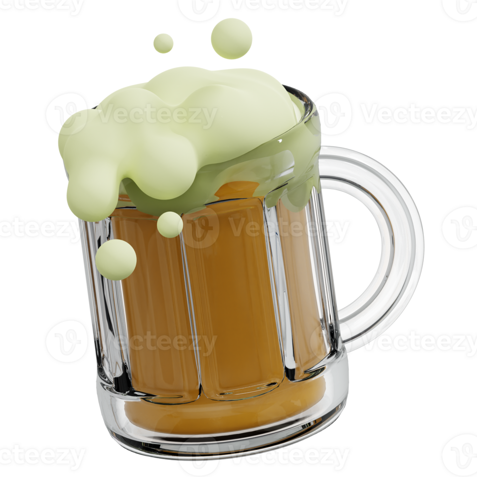 3D illustration of beer mug with a golden liquid and topped with a thick.isolated on transparent background. png
