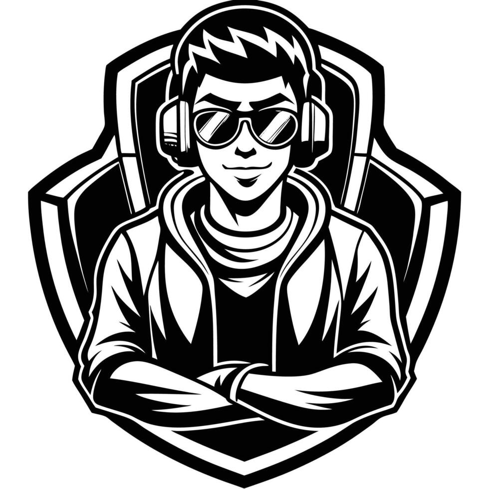 a black and white image of a man wearing headphones vector