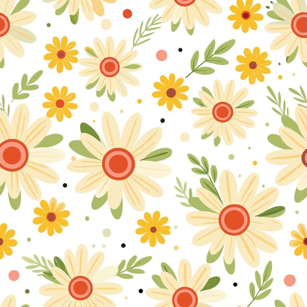 floral pattern with yellow daisies and leaves vector