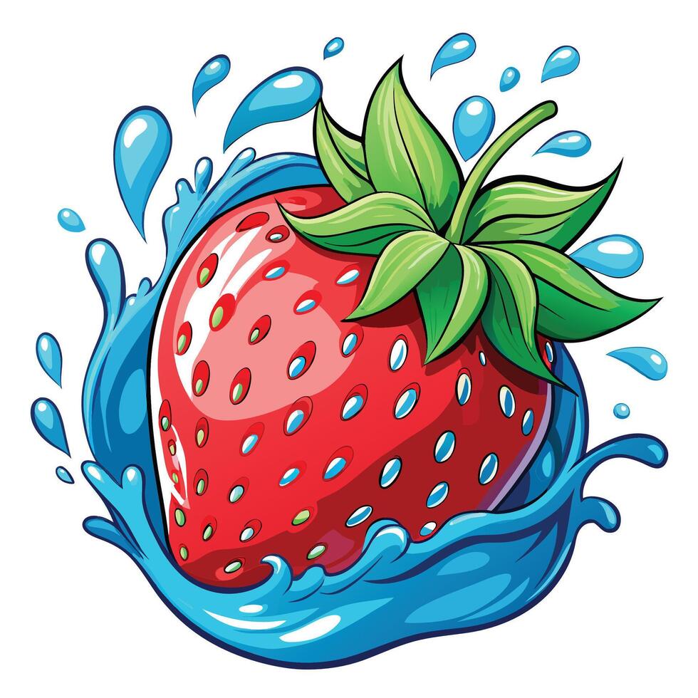 a strawberry is splashing water and leaves vector