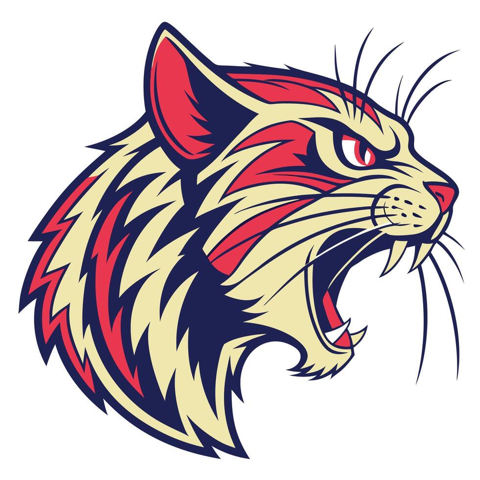 a red, white and blue cat head with its mouth open vector
