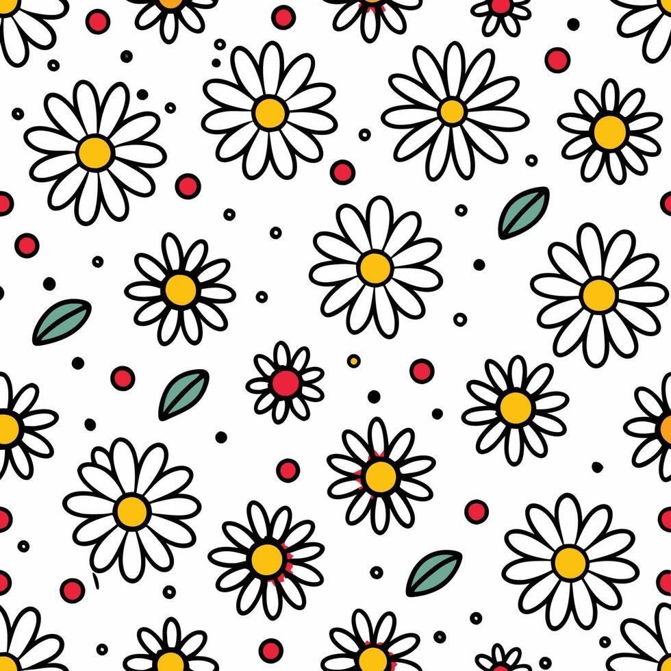 a seamless pattern with daisies and polka dots vector