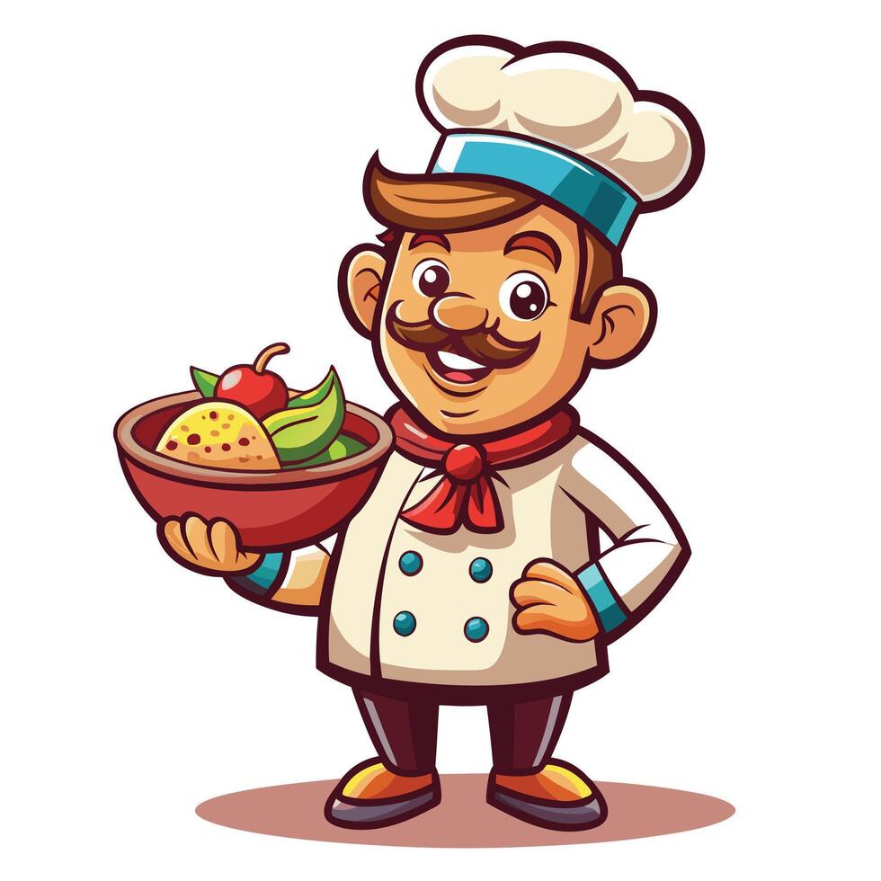 chef holding a bowl of food vector
