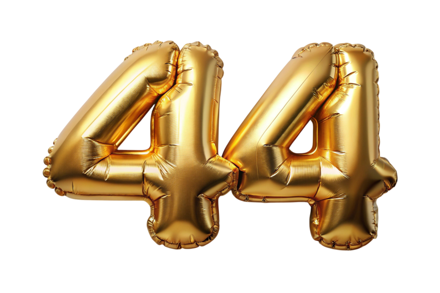 Metallic gold foil balloons forming the number 44, ideal for birthdays, parties, or special decorations. png
