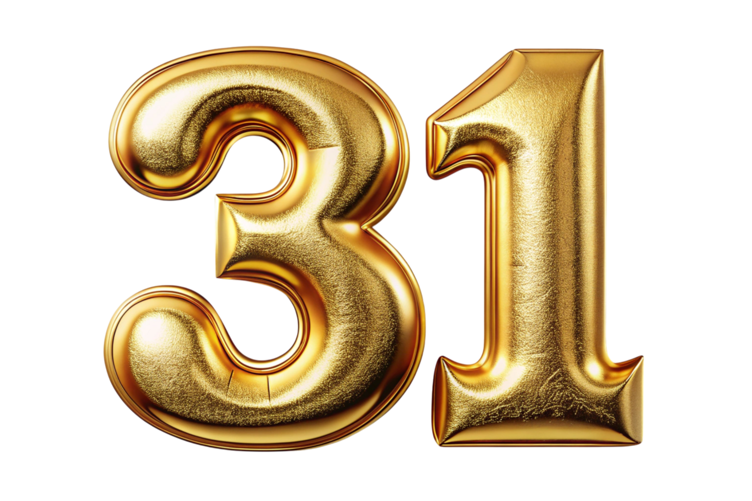 Shiny gold balloon numbers forming 31 with realistic texture, ideal for celebrations, anniversaries, or birthday themes. png