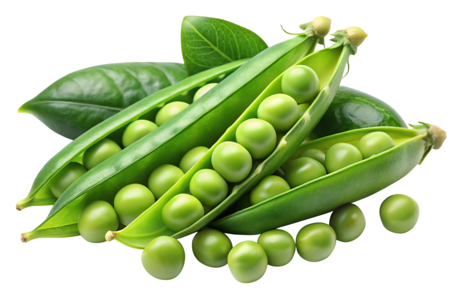 Open pea pods with vibrant green peas, ideal for concepts of agriculture, organic produce, and vegetarian ingredients. png