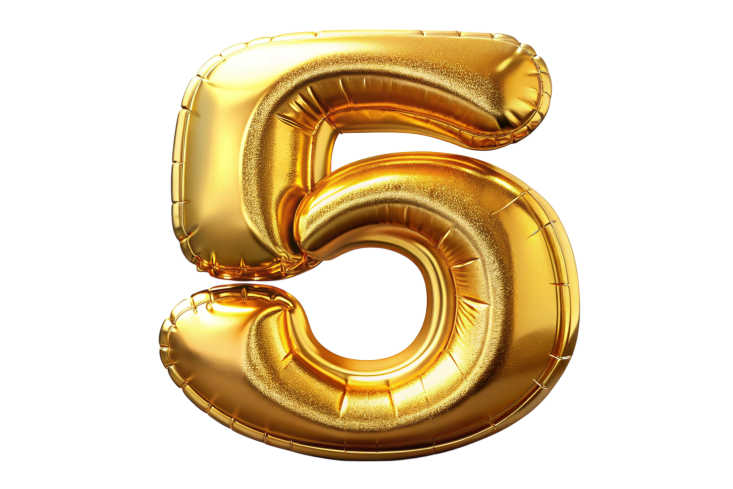 Elegant metallic gold number 5 balloon with a reflective and glossy finish on a light textured background. png