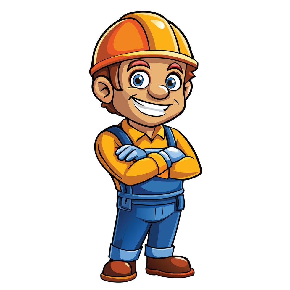cartoon construction worker with arms crossed illustration vector