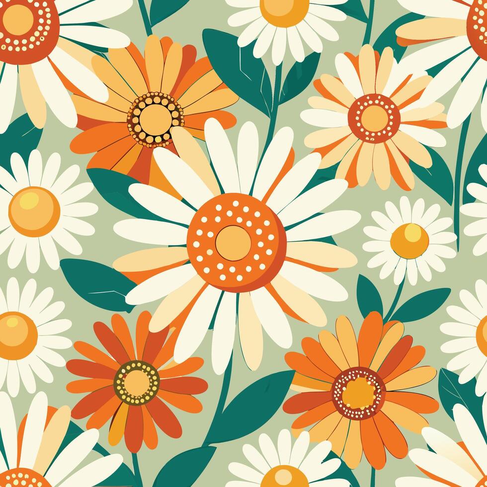 a pattern with orange and white daisies vector