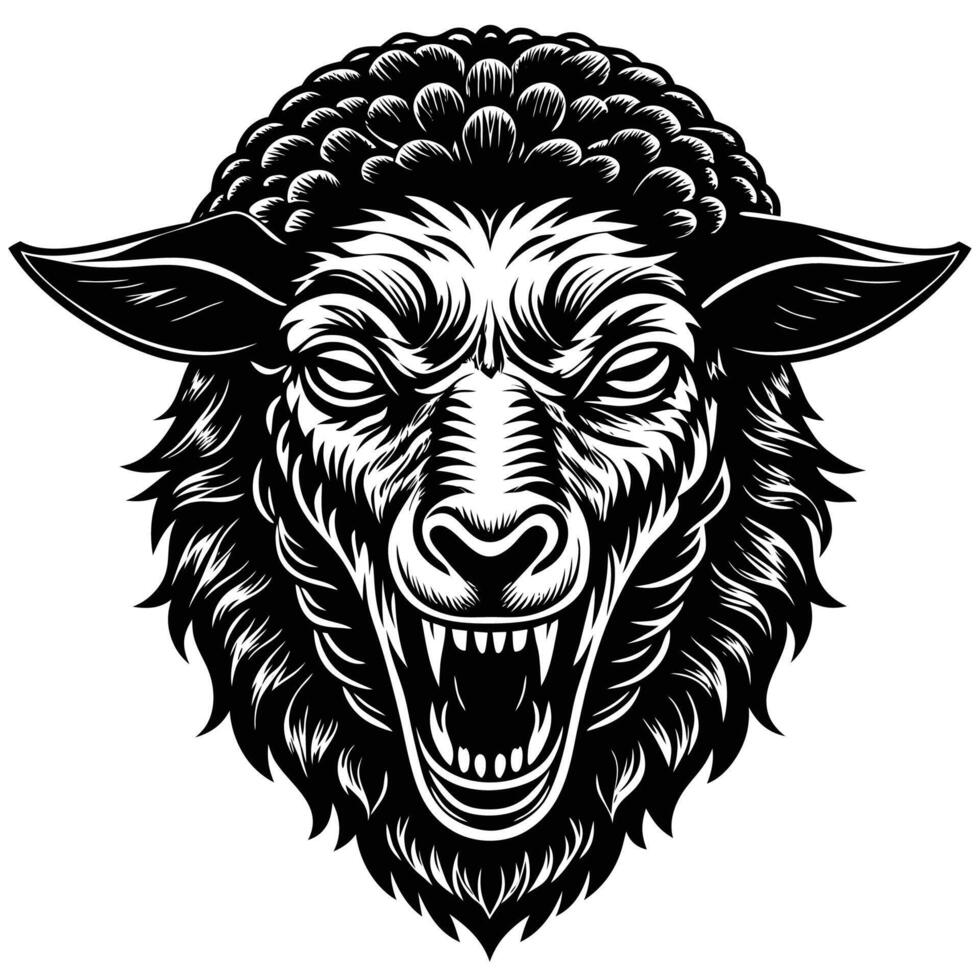 a black and white image of a sheep head with fangs vector