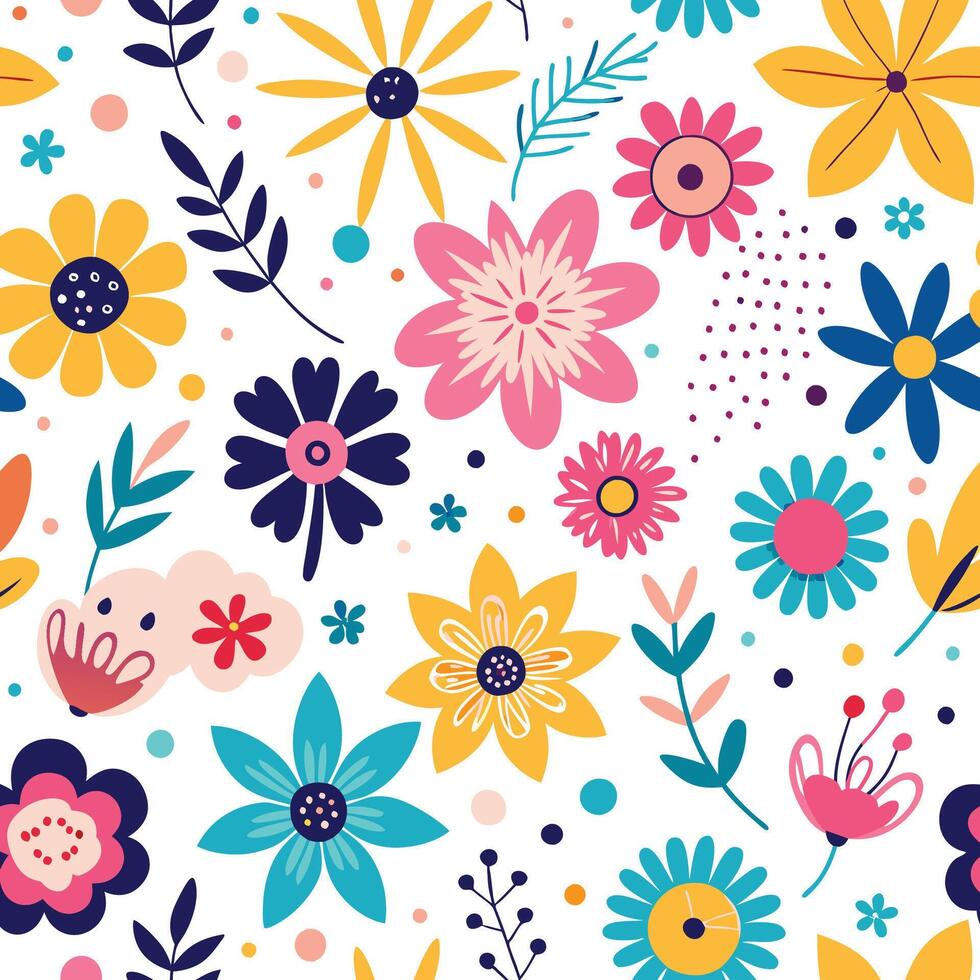 floral seamless pattern with colorful flowers and leaves vector