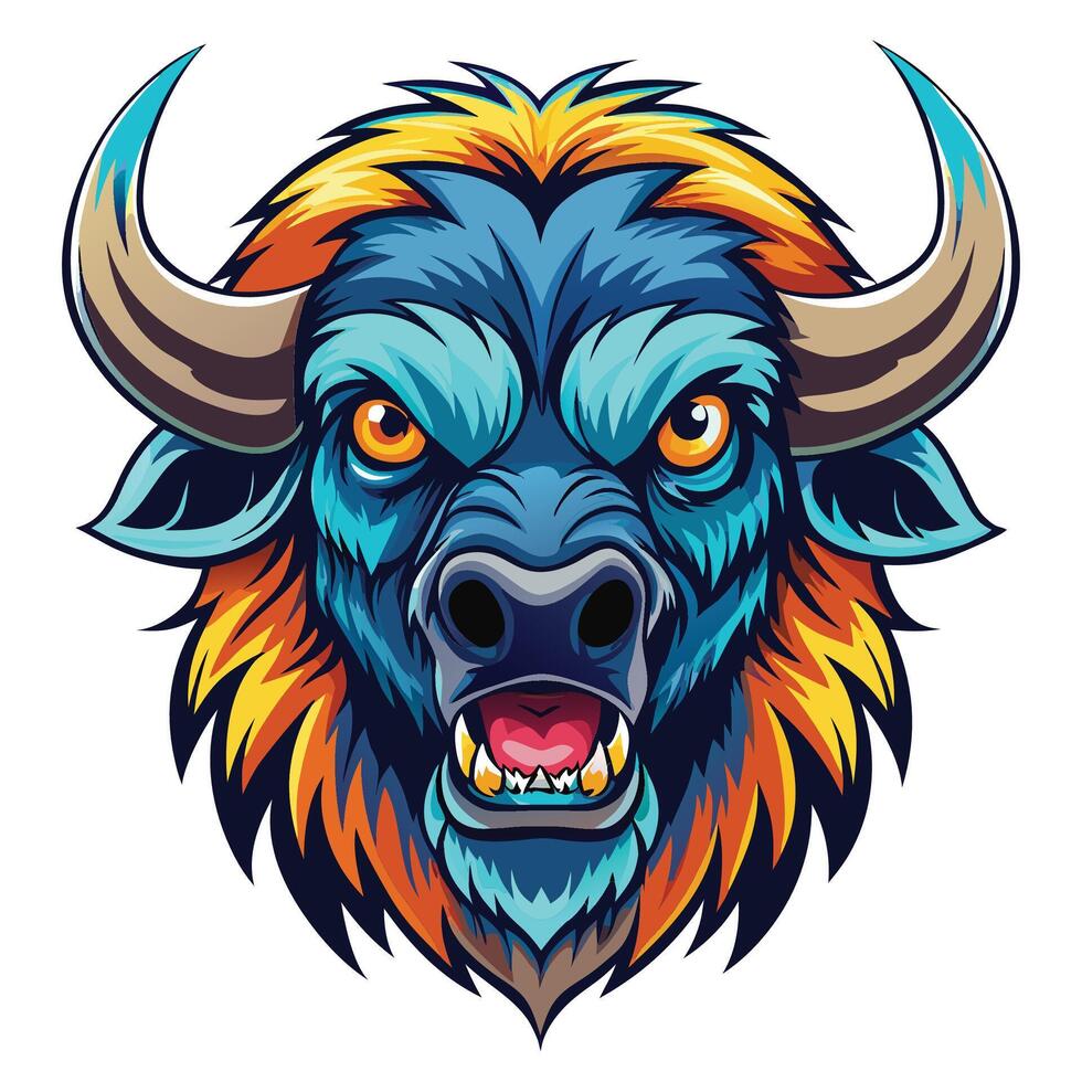 an angry buffalo head with big horns vector