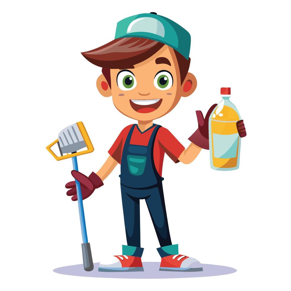 a cartoon boy holding a broom and a bottle of cleaning solution vector